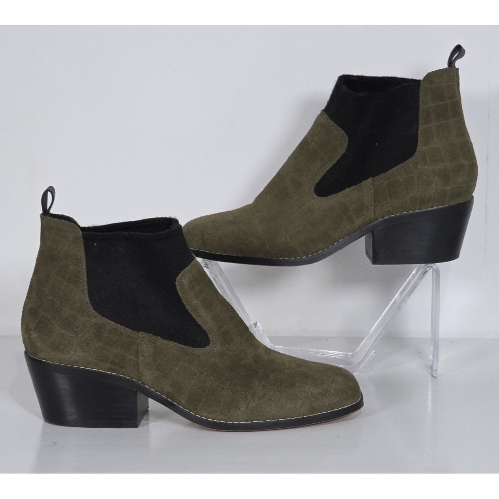 Crown Vintage Womens 7M Giancita Olive Green Croc Embossed Ankle Chelsea Boots